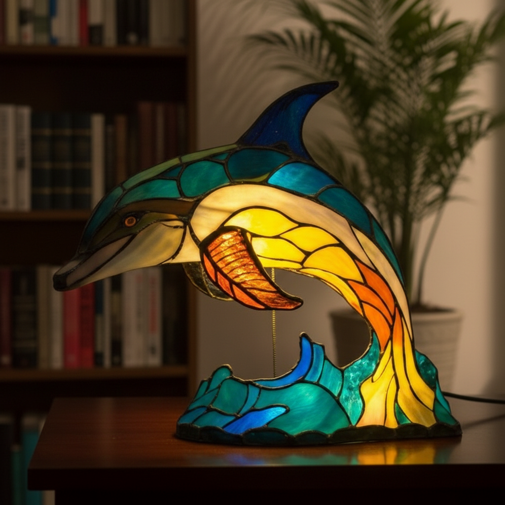 Colorful Dolphin LED Night Light, Acrylic Plastic Dolphin Table Lamp, Artistic Mosaic Style Decor Light, Cozy Bedroom Night Lamp, Ocean Lover Gift