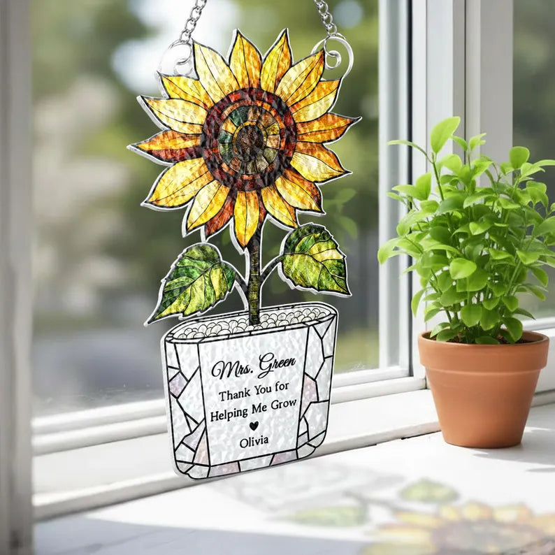 Personalized Sunflower Teacher Stained Glass Suncatcher: Thank You For Helping Me Grow, Teacher Appreciation Gift. SUNPETAL16