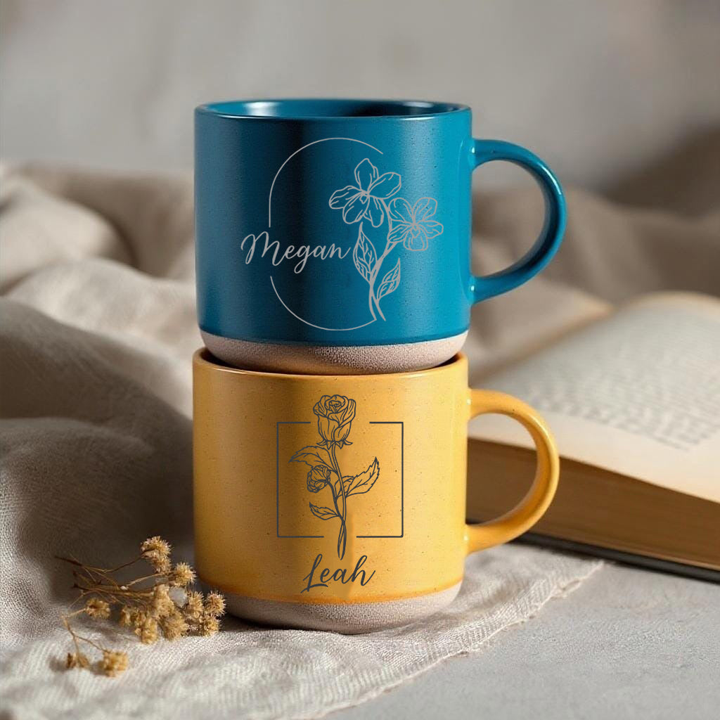 Monthly Bloom Pottery Mug, Personalized Birth Flower Engraved Ceramic Cup with Name, Custom Floral Coffee Mug Gift