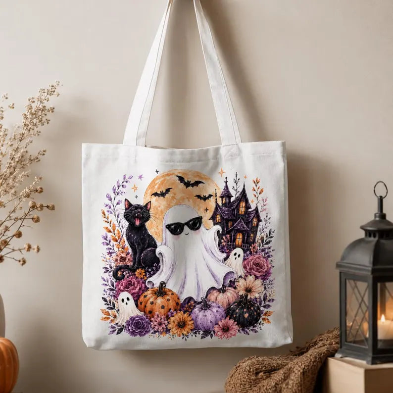 Spooky Summer Tote Bag, Halloween Beach Tote, Ghost Pumpkin Canvas Bag, Colorful Floral Tote, Cute Summer Bag. HLWTBPETAL6