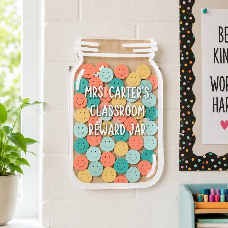 Personalized Teacher Reward Jar, Custom Classroom Incentive Token Board, Pastel Smiley Face Reward System, Back to School Teacher Gift Hook. RJPETAL07