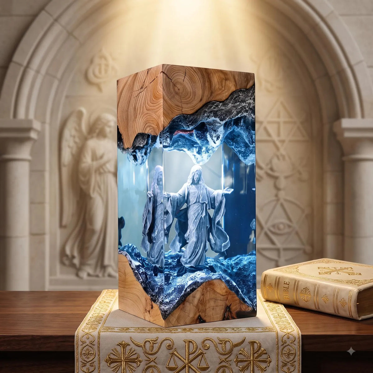Jesus Christ Lamp in Resin and Wood, Catholic Night Light, Religious Decoration, Christian Baptism Gift, Handmade Spiritual Art. RLPETAL12