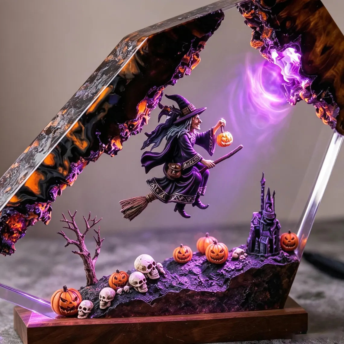 Halloween Witch Resin Night Light, Handmade Flying Witch Pumpkin Skull Haunted Castle Table Lamp, Spooky Home Decor, Unique Halloween Gift. RLPETAL02