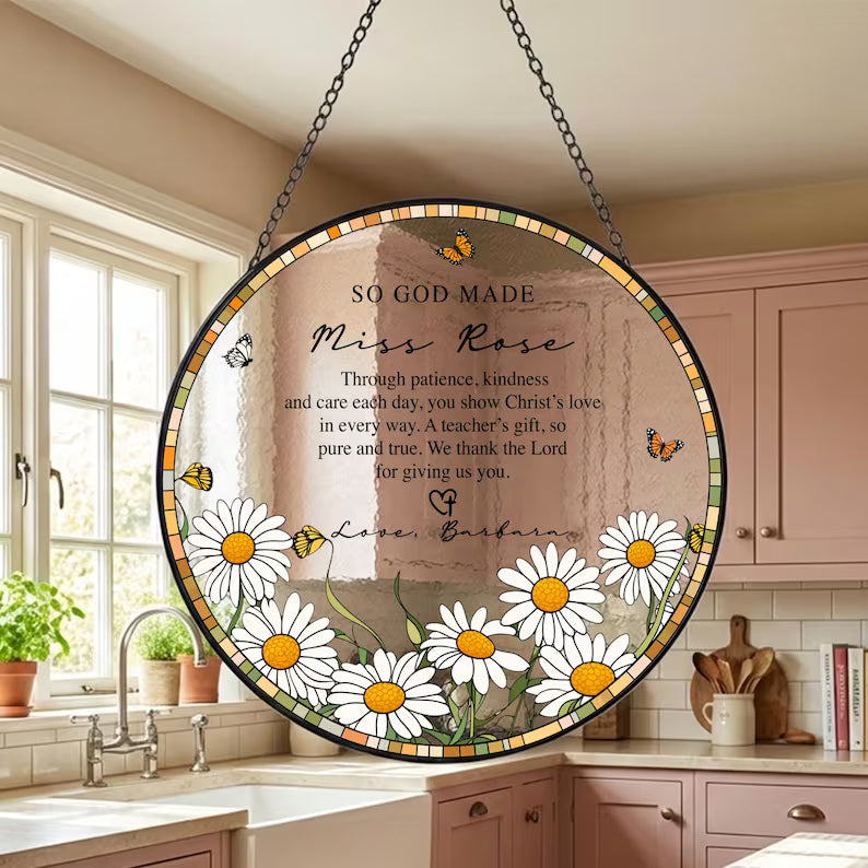 Custom Name Teacher Stained Glass Suncatcher, Personalized Thank You Teacher Gift, Christian Mentor Appreciation Window Hanging Keepsake. SUNPETAL01