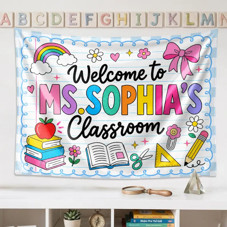Personalized Teacher Back To School Tapestry Banner, Custom Welcome Classroom Banner with Name, First Day of School Gifts, Gift for Teacher. CBPETAL15