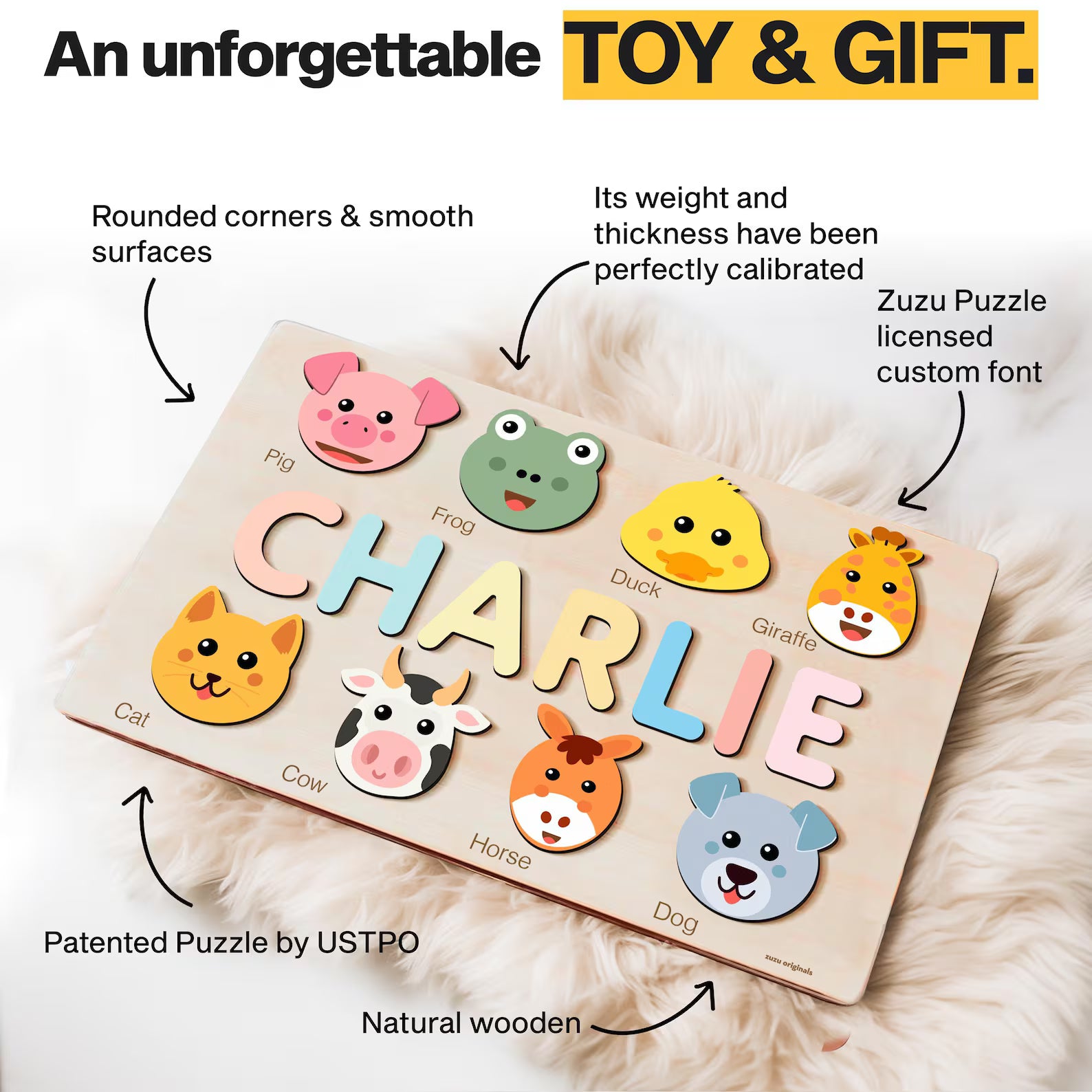 Custom Name Puzzle with Animals, Personalized Baby Gift, First Birthday Gift, Christmas Present, 0-3 Years Personalized Toy. NPPETAL3