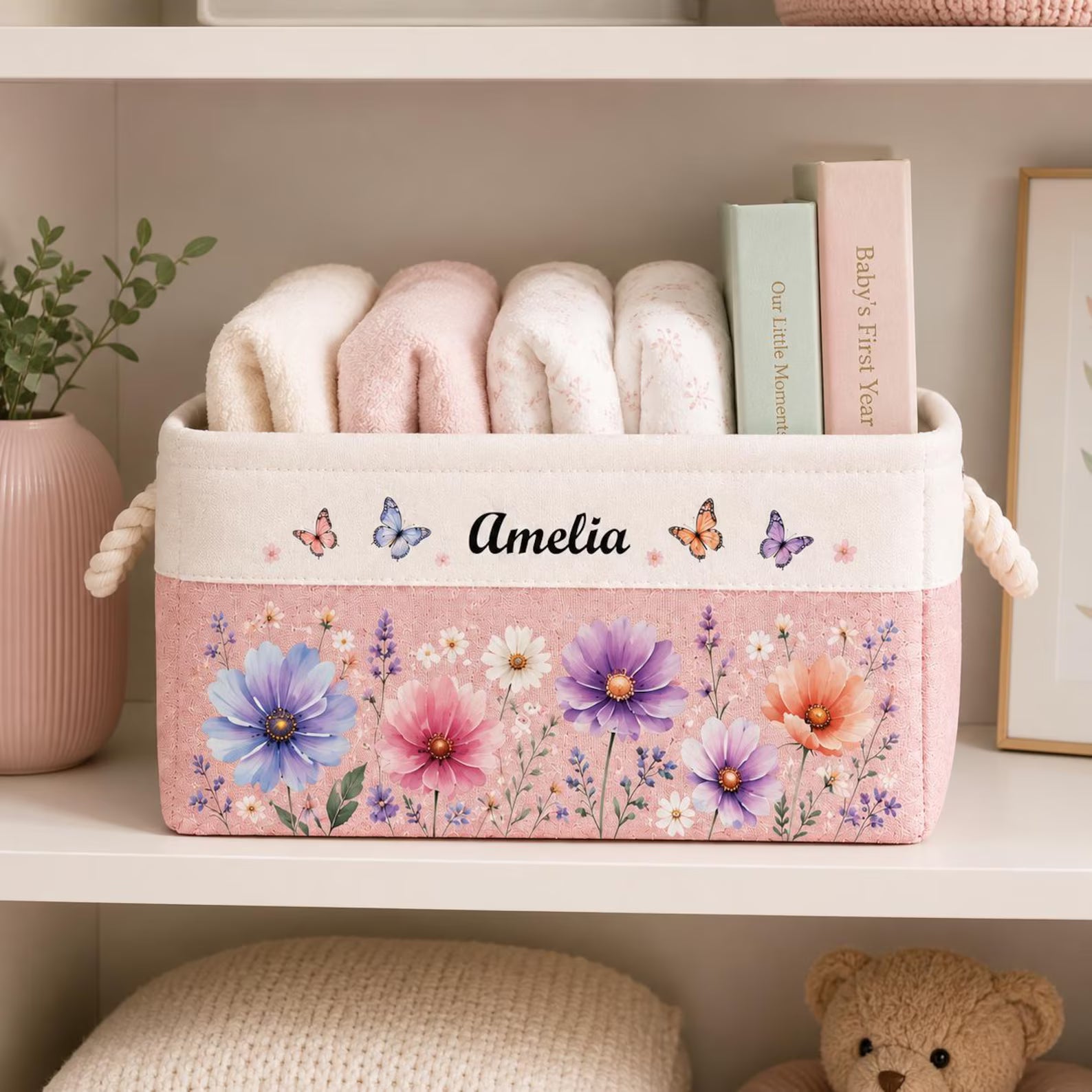 Personalized Teacher Book Storage Basket, Custom Name Classroom Organizer, Floral Butterfly Fabric Bin, Teacher Gift, Classroom Book Basket. BBPETAL9