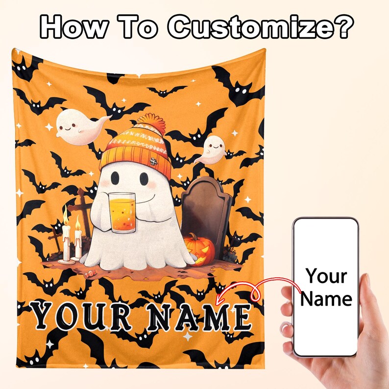 Custom Cute Ghost Halloween Blanket, Personalized Name Spooky Throw Blanket for Women Men, Halloween Boo Gift for Him Her Kids Boys Girls. BLKPETAL1