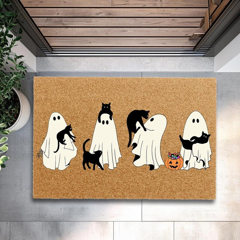 Ghost and Black Cat Doormat, Quirky Coir Entry Rug, Halloween Porch Mat. Halloween Doormat Baby Boo Decor Outdoor. DMPETAL2