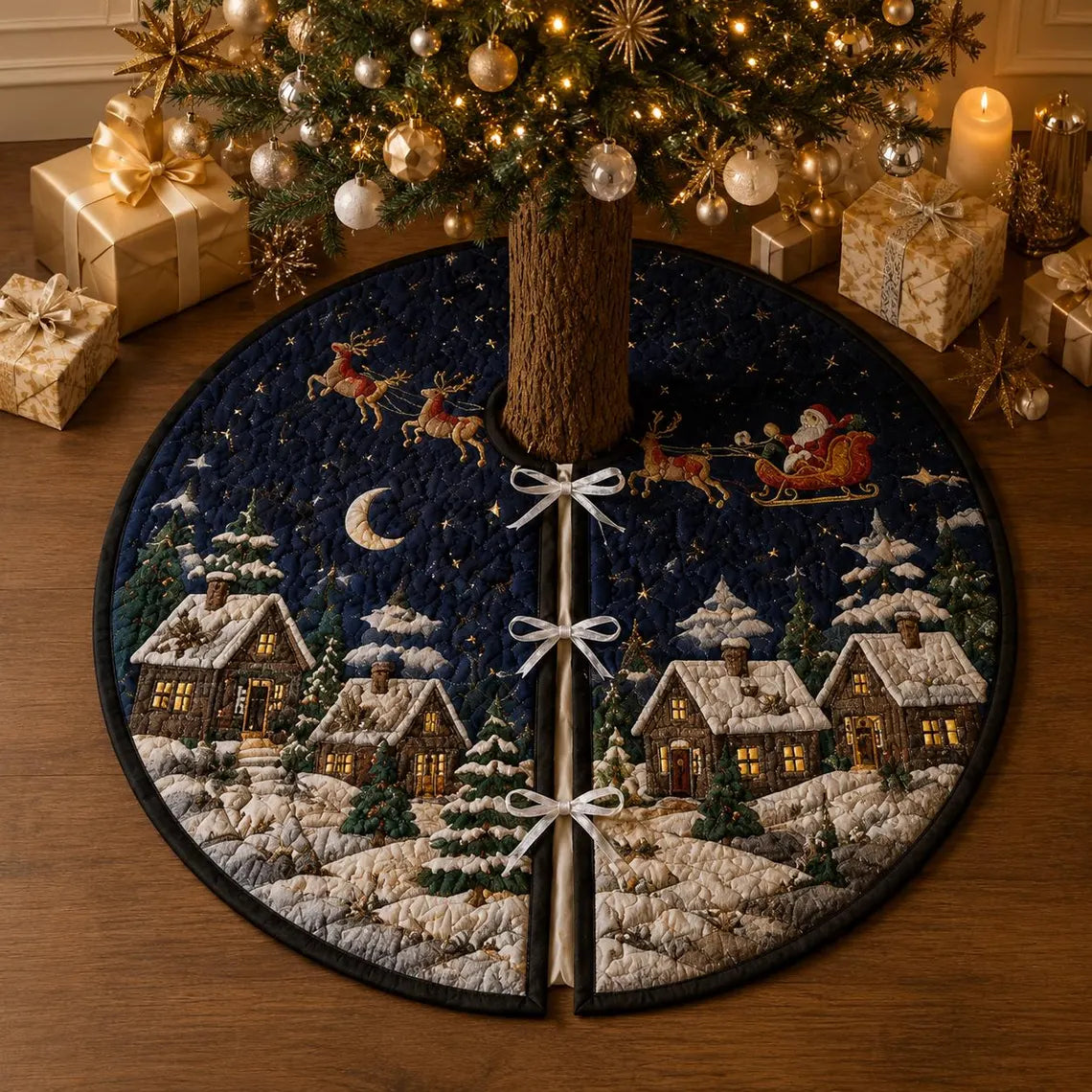 Christmas Village Tree Skirt, Quilted Snowy Cottage Holiday Tree Mat, Santa Sleigh Night Sky Farmhouse Christmas Decor Gift. CTSPETAL05