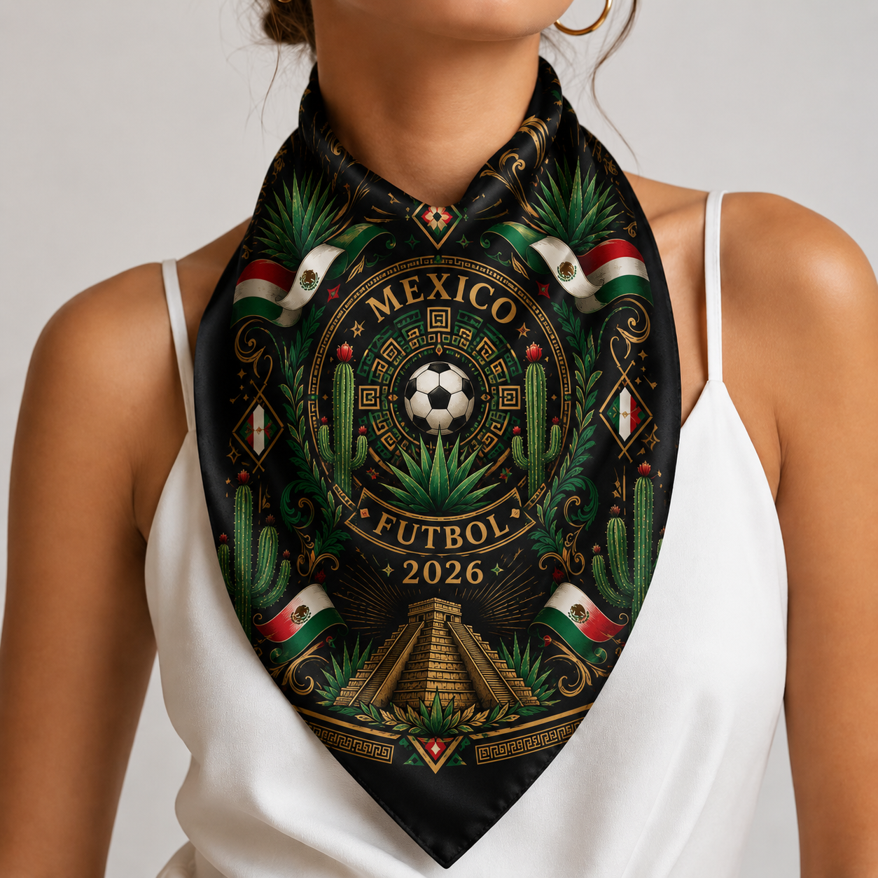 Mexico Soccer Satin Bandana, Mexican Eagle and Chichen Itza Head Scarf, Green White Red Football Supporter Accessory, Match Day Gift. SSPETAL1