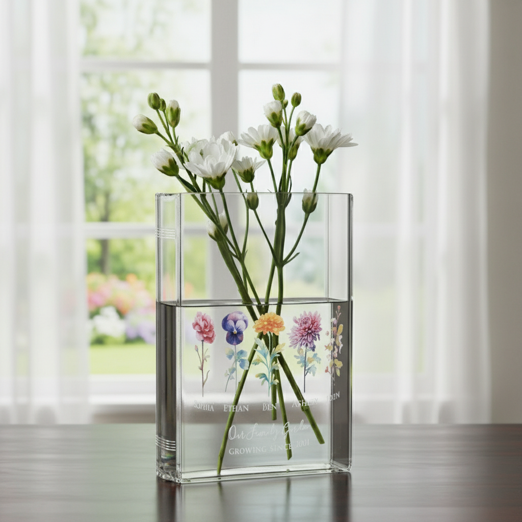 Personalized Birth Flower Vase for Mom Grandma, Book Shaped Acrylic Vase for Flowers, Custom Kids Name Clear Vase, Mothers Day Gift