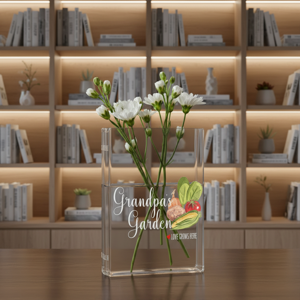 Personalized Grandpa’s Garden Book Vase – Custom Garden-Themed Vase, Thoughtful Gift for Grandpa, Papa or Grandfather, Love Grows Here Decor