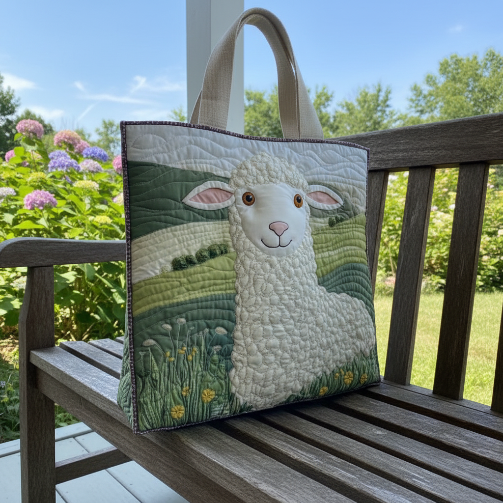 Lamb Quilted Tote Bag – Cute Sheep Farmhouse Shoulder Bag, Cottagecore Floral Market Tote, Animal Lover Gift for Women