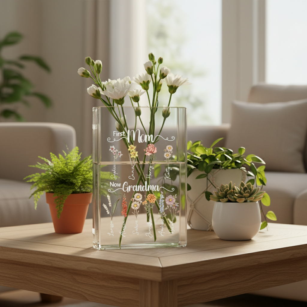 Personalized Grandma's Garden Birth Flower Book Vase – Custom Ceramic Vase with Birth Month Flowers, Perfect Christmas Gift