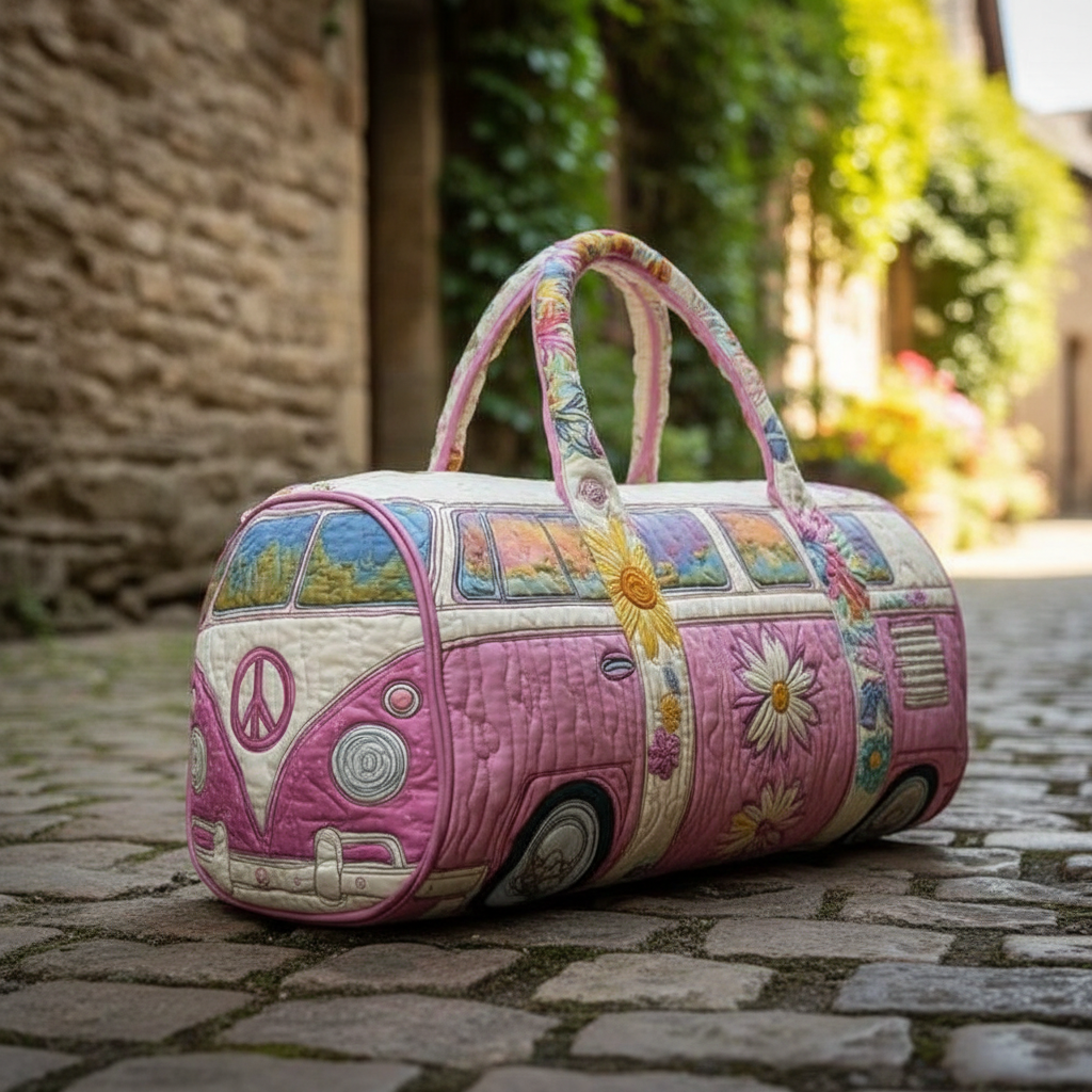 Pastel Camper Van Quilted Duffle Bag – Rainbow Floral Travel Weekender Tote, Boho Hippie Overnight Bag, Cute Aesthetic Duffel Gift for Women