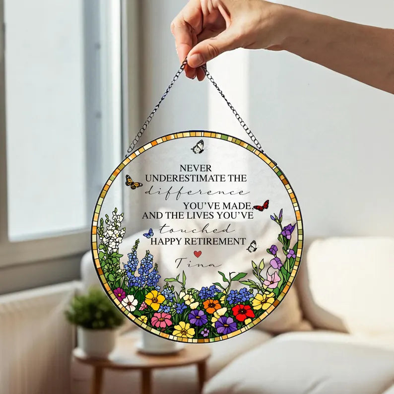 Personalized Retirement Suncatcher, Floral Suncatcher Window Decor, Meaningful Teacher Gift Ornament, Custom Name Glass Hanging Art. SUNPETAL10