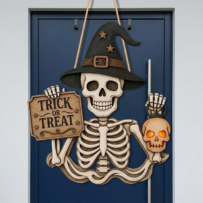 Skeleton Welcome Wooden Door Hanger, Trick or Treat Halloween 2D Flat Sign, Witch Hat Decor, Wooden Halloween Door Sign, Halloween Gift. HLWDHPETAL06