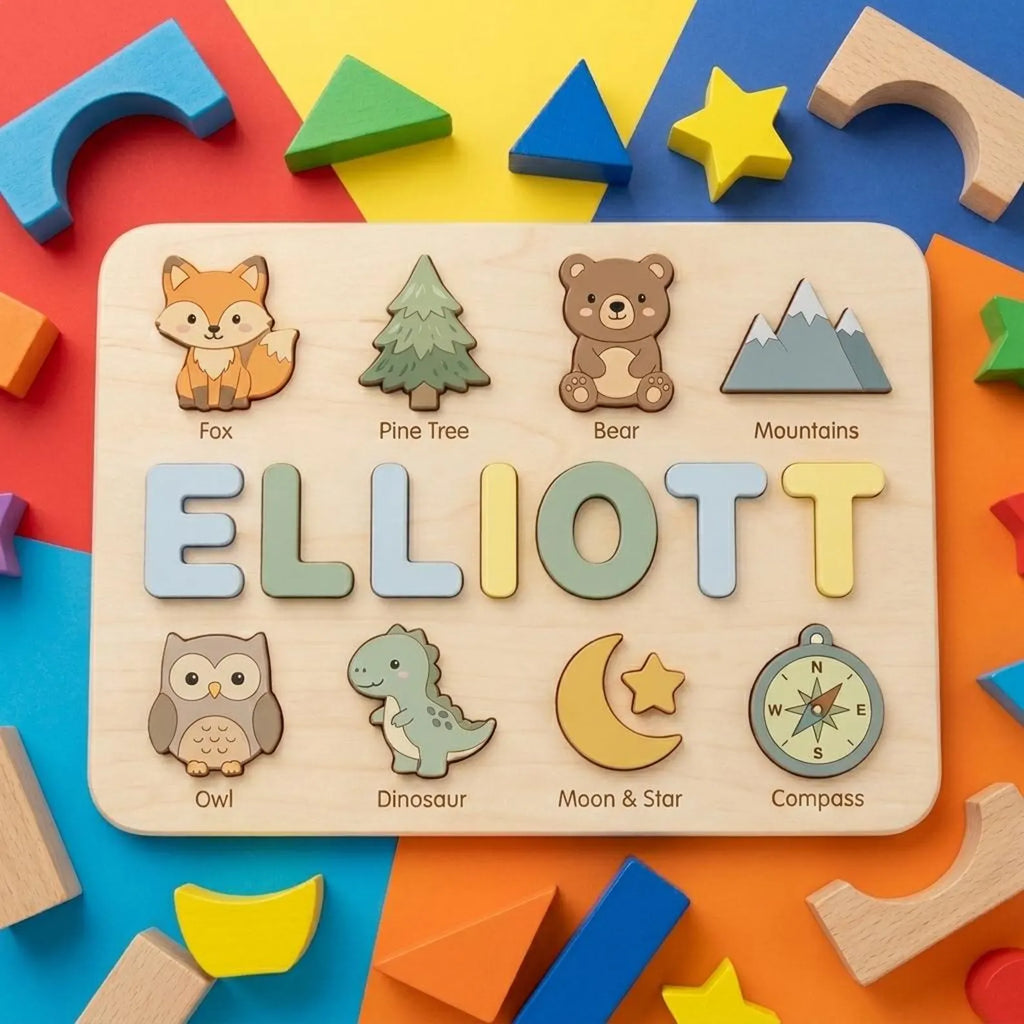 Personalized Name Puzzle, Custom Wooden Name Puzzle, Montessori Baby Gift, Woodland Nursery Decor, Toddler Learning Toy, First Birthday Gift. NPPETAL12