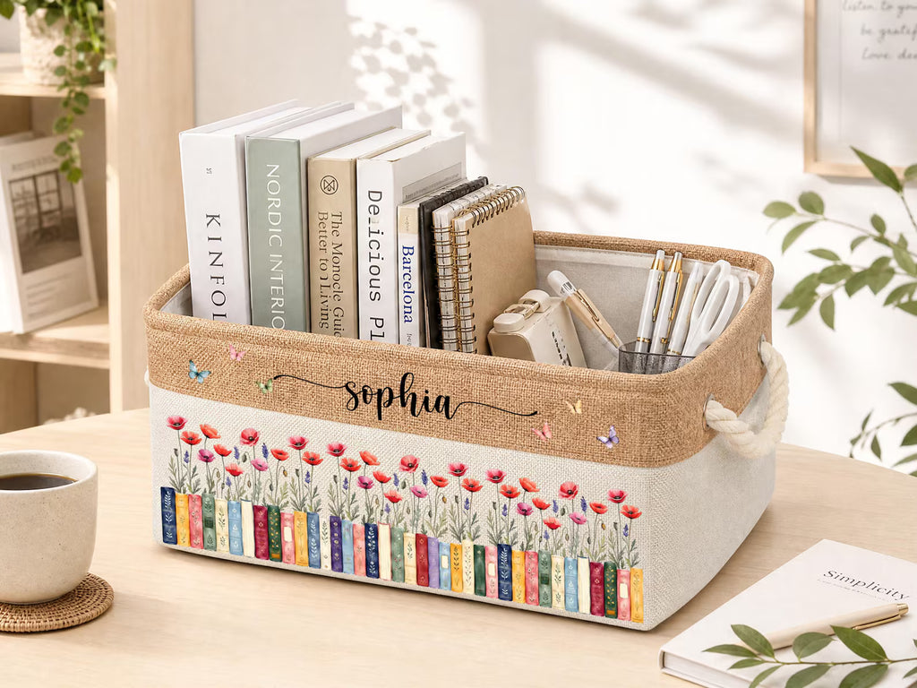 Custom Birth Flower & Name Book Basket For Her, Wife, Daughter, Sister, Coworker, Personalized Storage Basket, Book Lover Gift. BBPETAL2