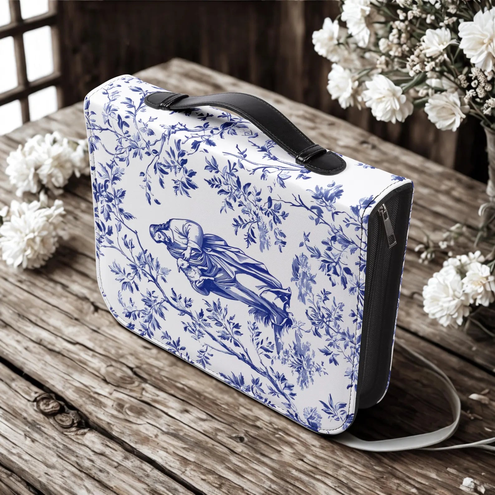 Jesus and Lost Lamb Blue Toile Bible Cover, Christian Bible Case with Handle, Jesus Lost Sheep French Toile Notebook Case Faith Gift for Mom. BCPETAL20