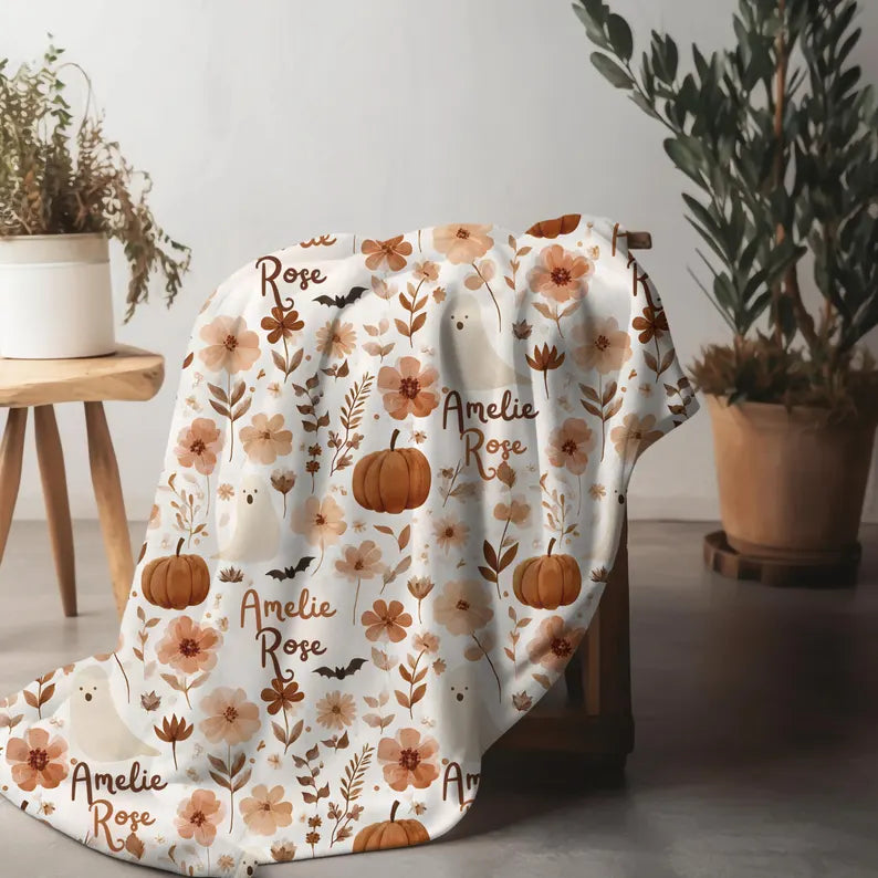 Personalized Boho Ghost Pumpkin Blanket Halloween Floral Velveteen Plush Fall Baby Shower Gift Autumn Room Decor. BLKPETAL5