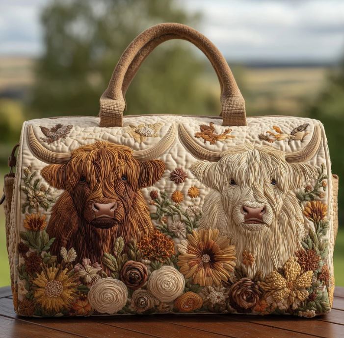 Highland Cow Quilted Duffle Bag – Rustic Farmhouse Travel Weekender Tote, Vintage Floral Overnight Bag, Cute Cow Lover Duffel Gift for Women