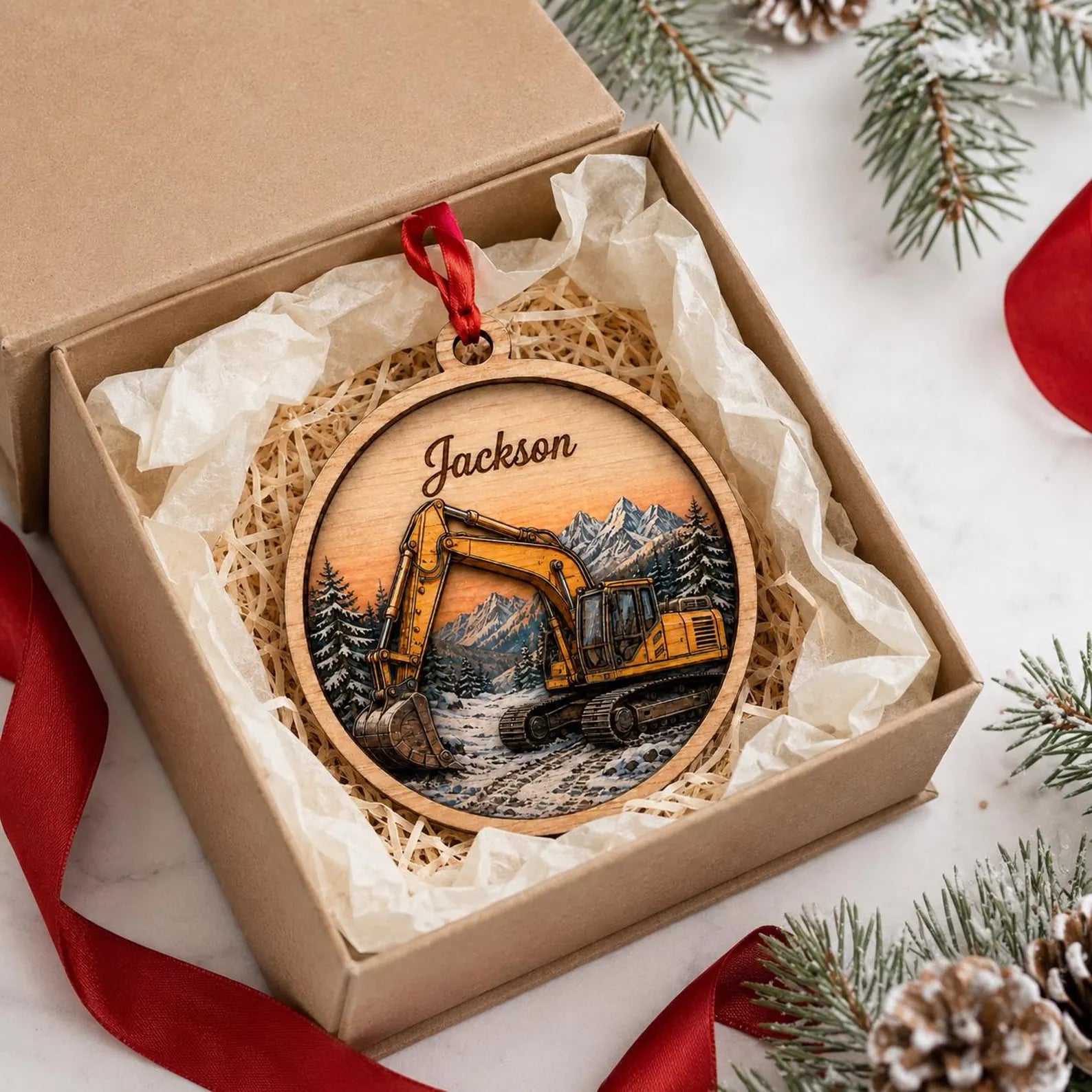 Personalized Excavator Wooden Ornament, Custom Name Construction Christmas Ornament, Digger Ornament, Heavy Equipment Gift for Boys	COPETAL10