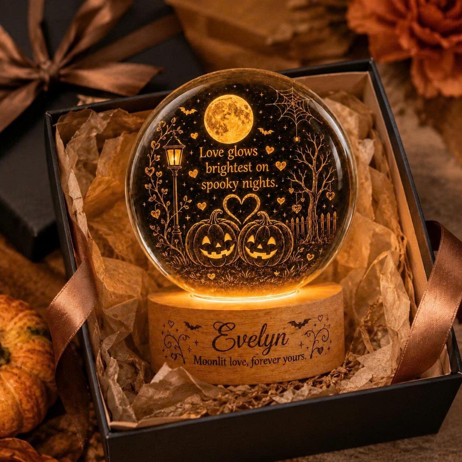 Personalized Halloween Moon Lamp, Custom Name Night Light, Pumpkin Couple LED Decor. LEDPETAL22