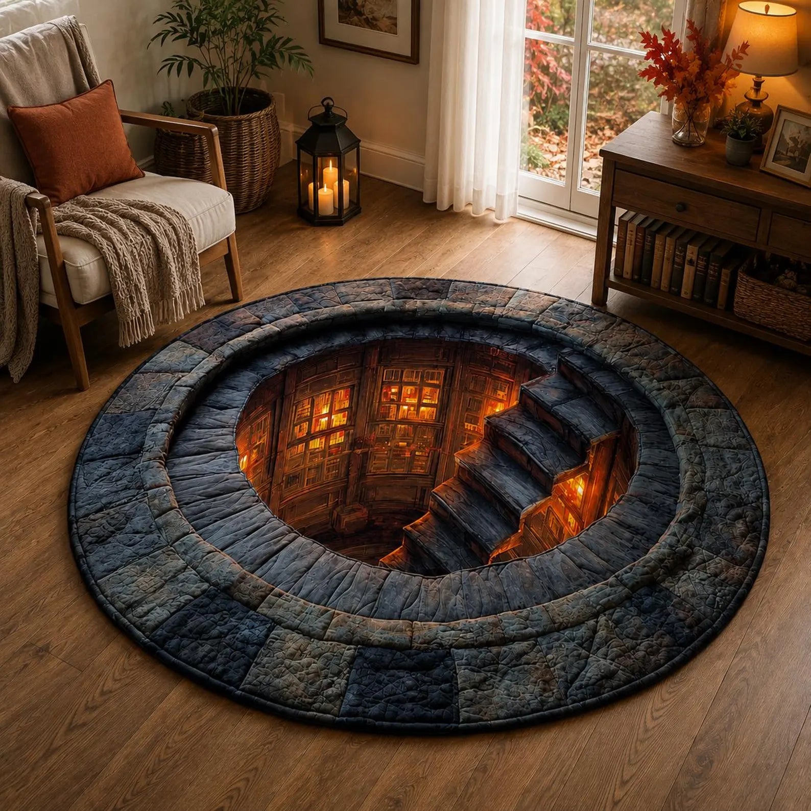 Hidden Library Portal Round Rug, Halloween 3D Illusion Floor Mat, Spooky Staircase Rug, Quilted Gothic Home Decor. QRPETAL22