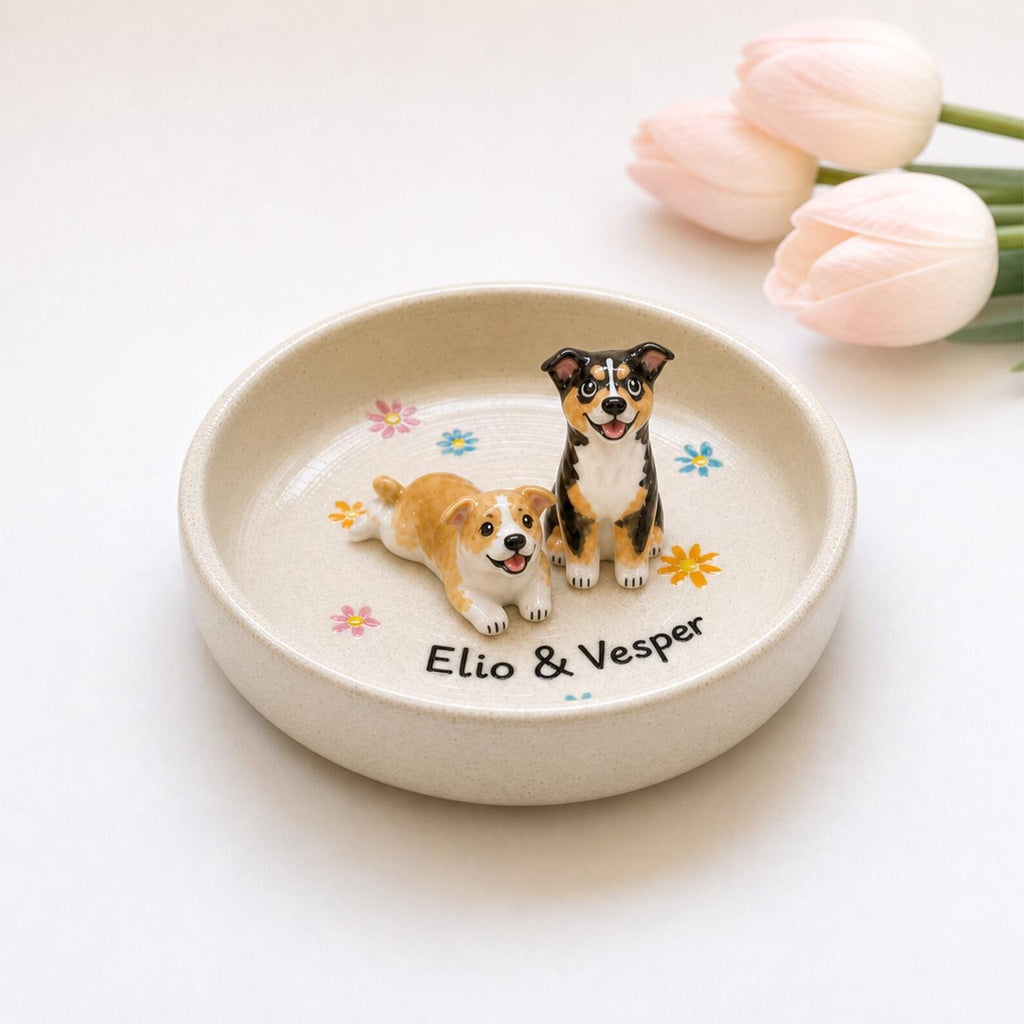 Personalized Ceramic Pet Ring Dish, Handmade 3D Dog Cat Figure, Star Pattern Jewelry Tray. CPPETAL15
