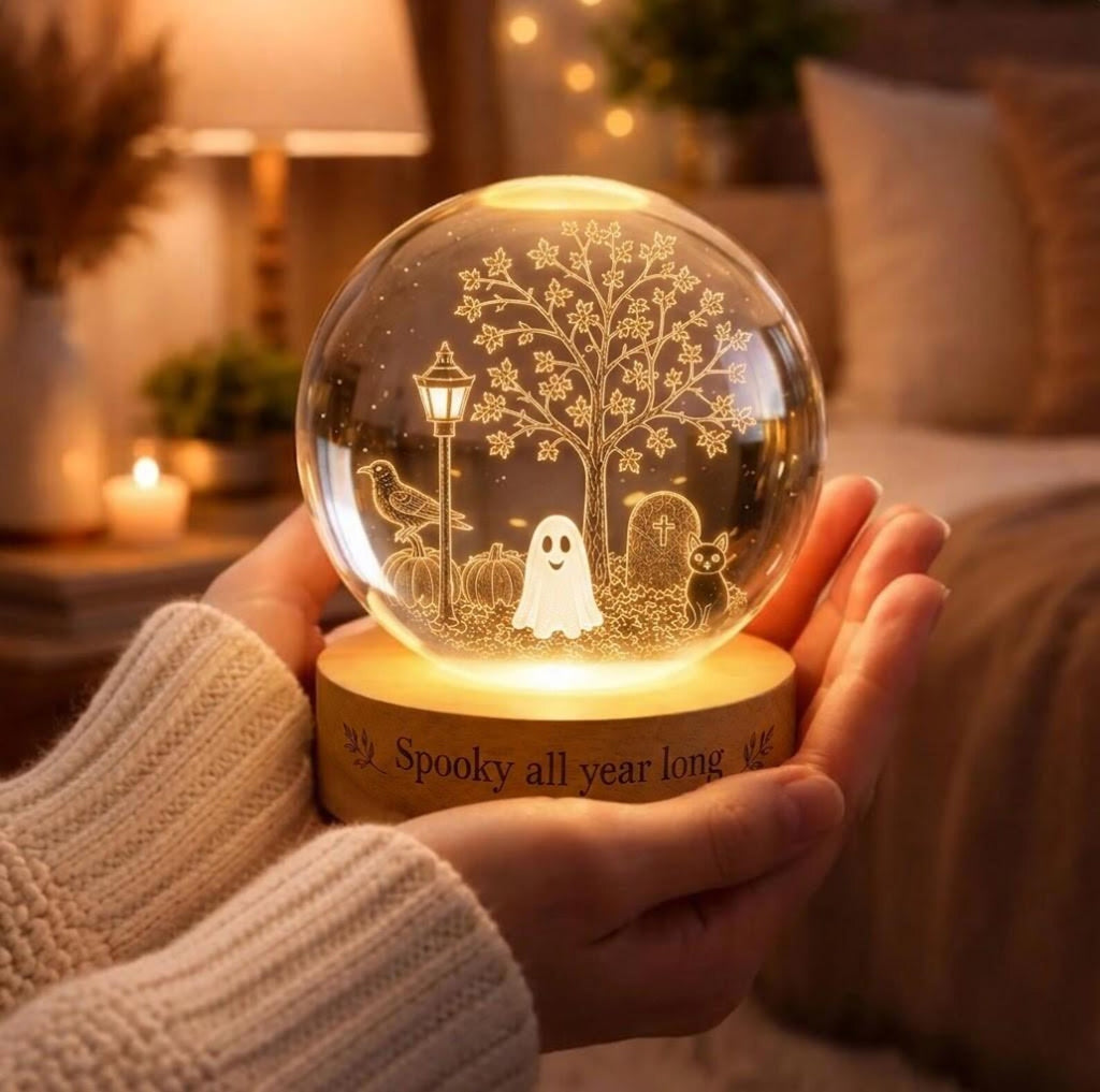 Spooky All Year Long Crystal Ball Lamp, Cute Ghost Night Light, Halloween Decor, Gothic Room Aesthetic, 3D Engraved Glass Sphere. LEDPETAL3