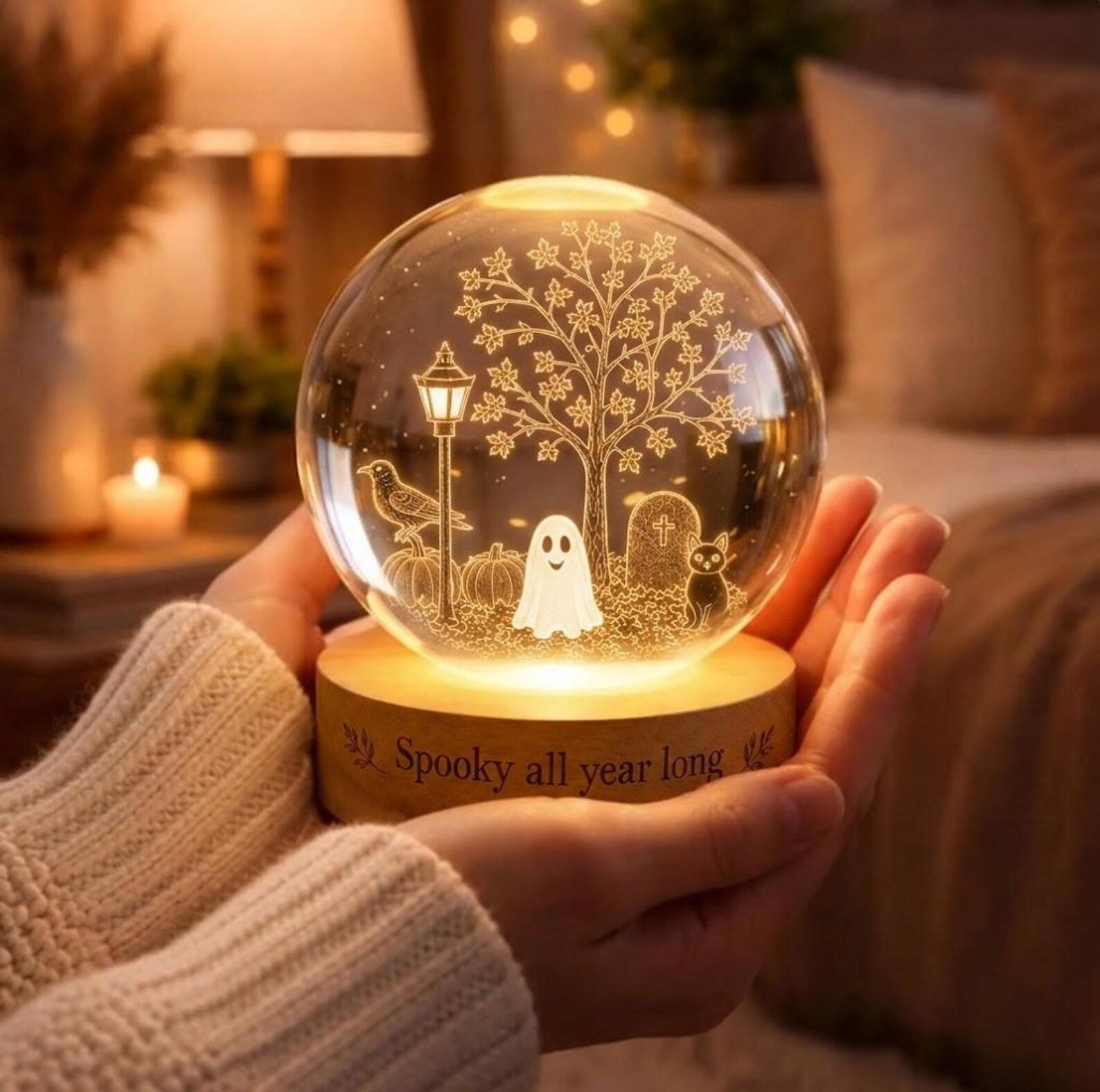 Spooky All Year Long Crystal Ball Lamp, Cute Ghost Night Light, Halloween Decor, Gothic Room Aesthetic, 3D Engraved Glass Sphere. LEDPETAL3