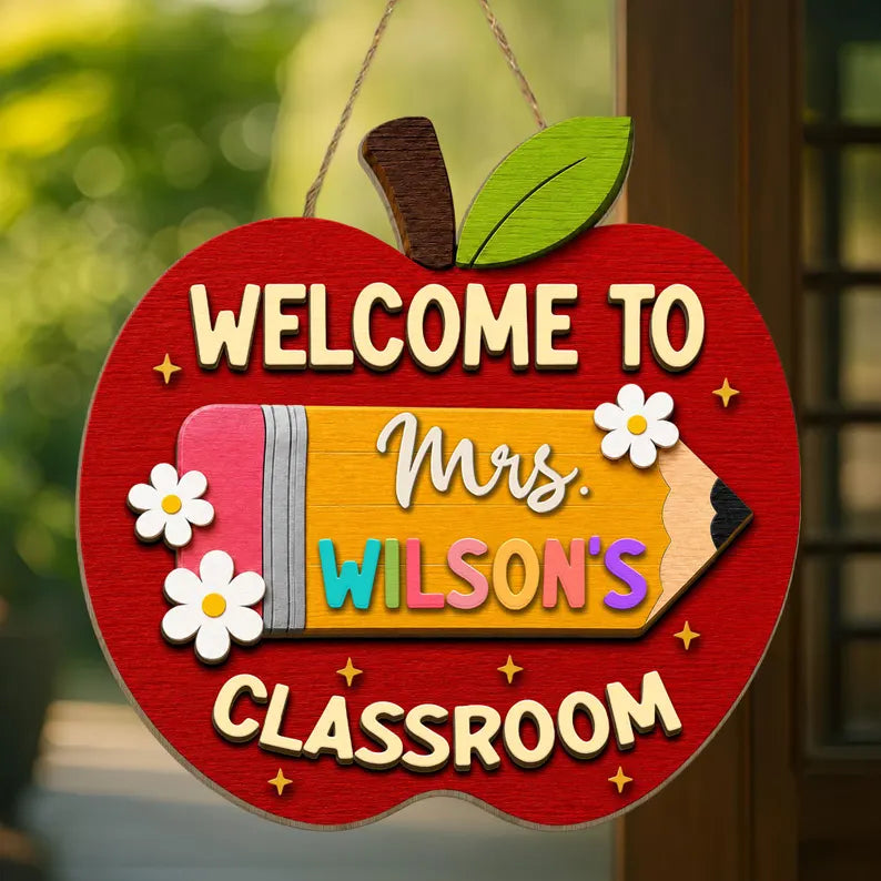 Personalized Apple Teacher Name Door Sign, Custom Welcome Door Hanger, Back to School 3D Wooden Classroom Decor, Teacher Appreciation Gifts. DHPETAL08