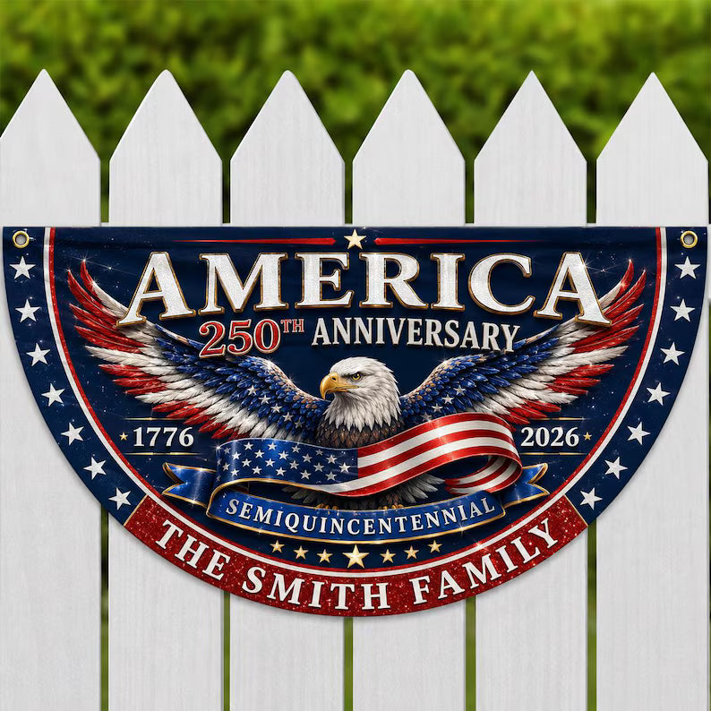 Custom Family Name America 250th Anniversary Fan Flag, 1776-2026 Semiquincentennial Patriotic Eagle Bunting, USA Outdoor Fence Decor. BPETAL10
