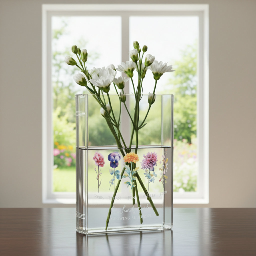 Personalized Birth Flower Vase for Mom Grandma, Book Shaped Acrylic Vase for Flowers, Custom Kids Name Clear Vase, Mothers Day Gift