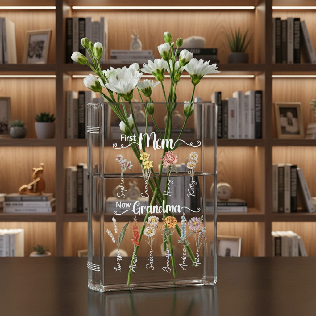 Personalized Grandma's Garden Birth Flower Book Vase – Custom Ceramic Vase with Birth Month Flowers, Perfect Christmas Gift