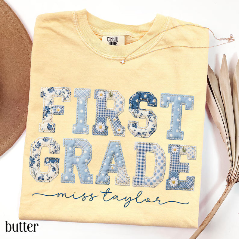 Comfort Colors® First Grade Teacher Shirt 1st Grade Matching Group T-Shirt Floral Blue Faux Patchwork Educator Back to School Team Tee. SPETAL18