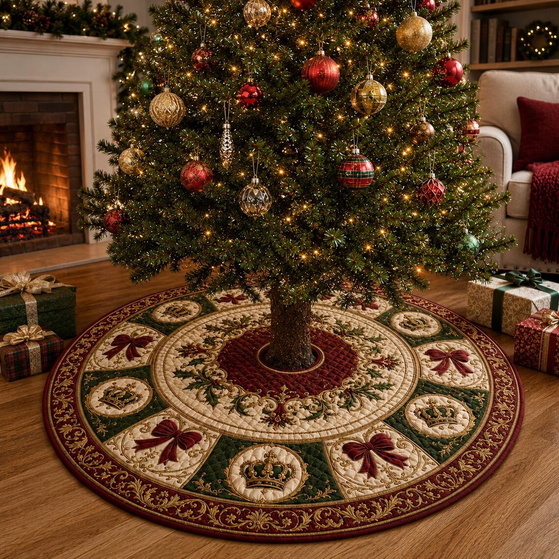 Christmas Tree Skirt, Holiday Tree Decor, Bow and Crown Christmas Decor, Quilted Style Tree Mat. CTSPETAL23