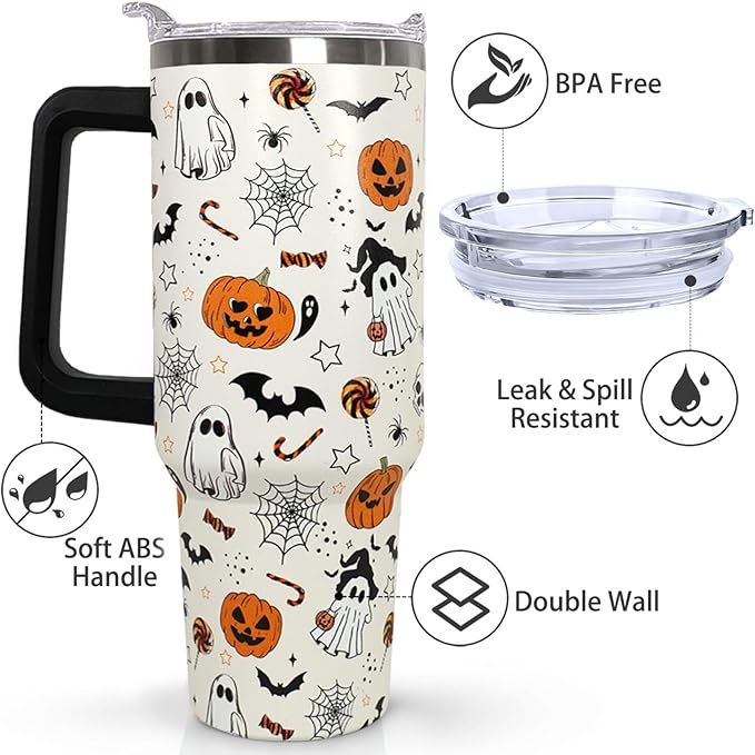 Ceovfoi 40 oz Halloween Pumpkin Tumbler Insulated Stainless Water Bottle Travel Coffee Cup, Water Bottle - Goth Ghost Witch Decor Gift for Women. TBLPETAL13