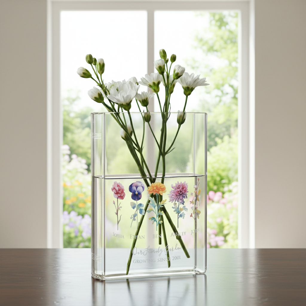 Personalized Birth Flower Vase for Mom Grandma, Book Shaped Acrylic Vase for Flowers, Custom Kids Name Clear Vase, Mothers Day Gift