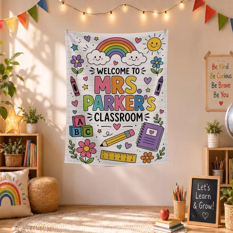 Personalized Classroom Tapestry, Teacher Welcome Banner, Back to School Decor, Rainbow Classroom Sign. CBPETAL06