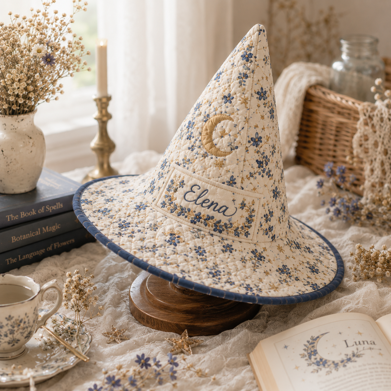 Personalized Quilted Witch Hat – Custom Name Floral Moon Witch Hat for Halloween, Cottagecore & Magical Costume Style. QWHPETAL9