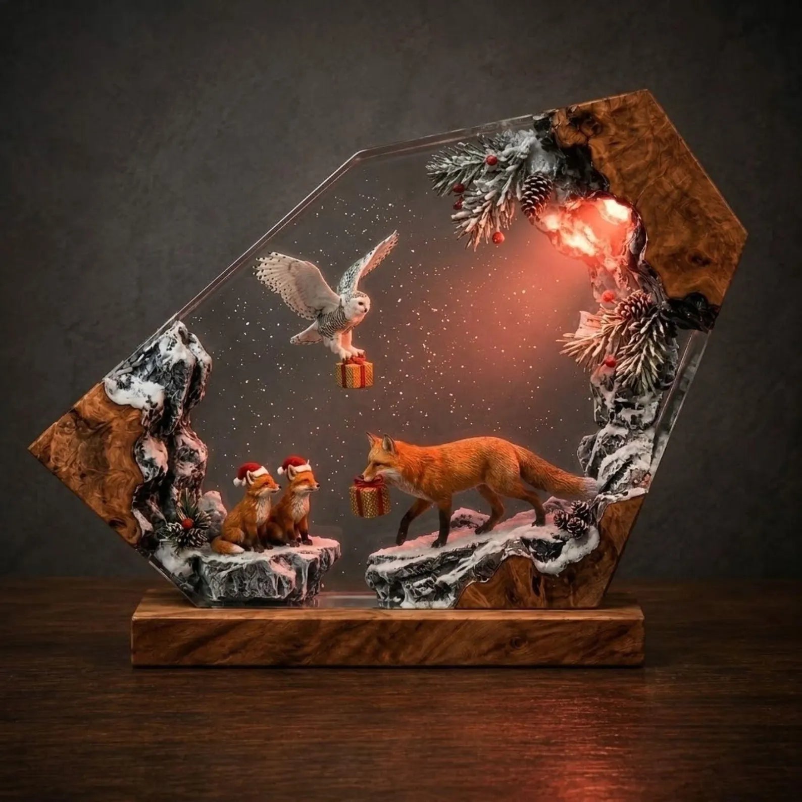 Snowy Owl and Fox Resin Lamp, Winter Wildlife Diorama Night Light, Rustic Burl Wood Lamp, Cozy Bedroom Accent Light, Nature Lover Gift. RLPETAL13