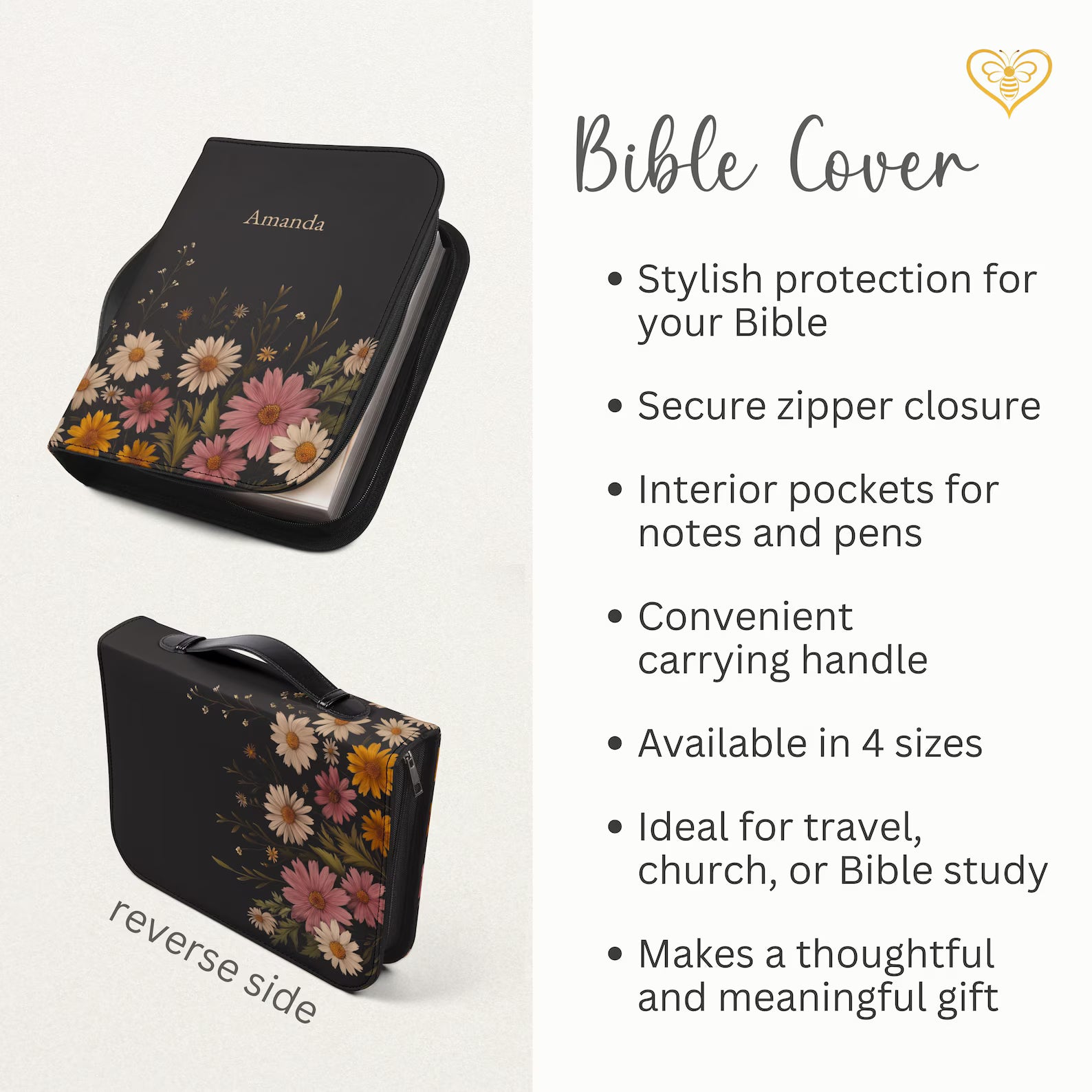 Personalized Floral Bible Cover with Handle, Daisy Zippered Bible Case Custom Name Christian Gift for Women Girls Flower Bible Bag for Mom. BCPETAL2