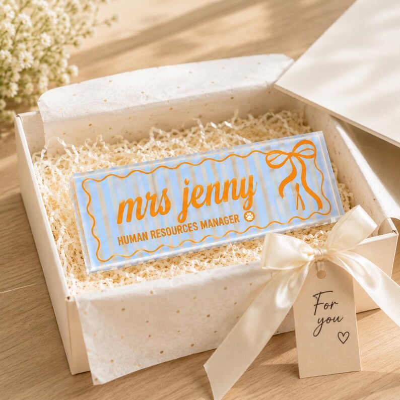 Personalized Preppy Bow Acrylic Desk Name Plate, Custom Teacher Desk Sign, Coquette Office Decor. DNPETAL08