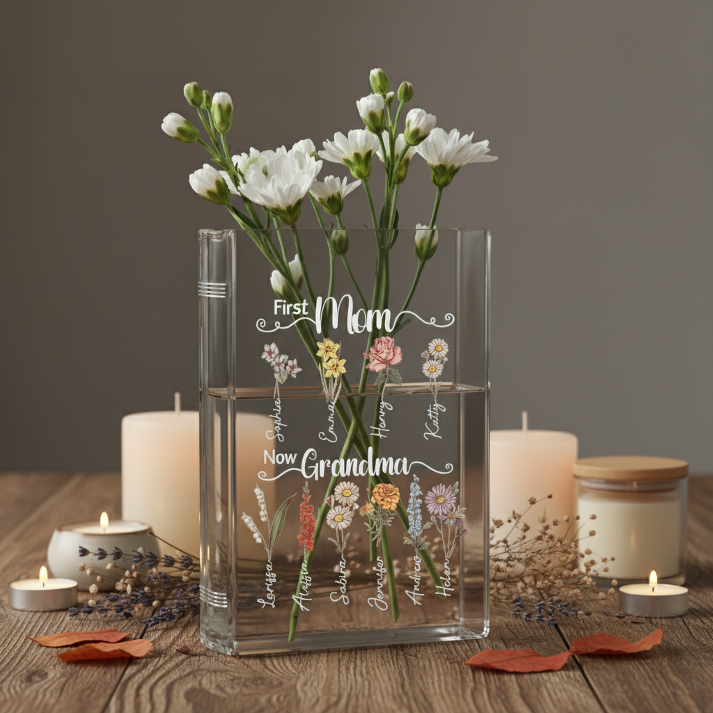 Personalized Grandma's Garden Birth Flower Book Vase – Custom Ceramic Vase with Birth Month Flowers, Perfect Christmas Gift
