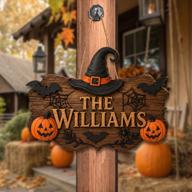 Personalized Halloween Door Sign, Custom Family Name Pumpkin Plaque, Haunted House Welcome Sign, Wooden Halloween Door Sign, Halloween Gift. HLWDHPETAL08