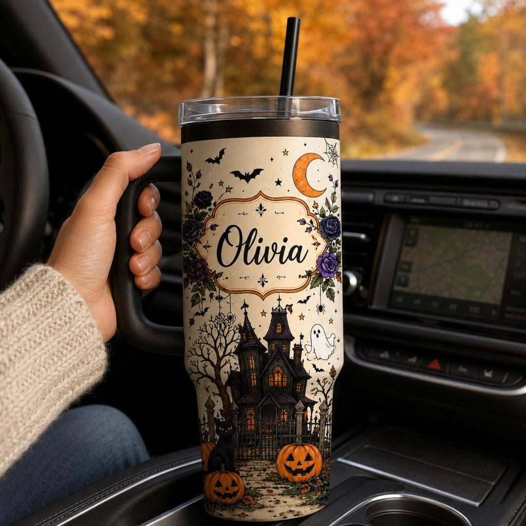 Personalized Halloween Tumbler, Spooky Haunted House Black Cat Travel Cup. TBLPETAL18