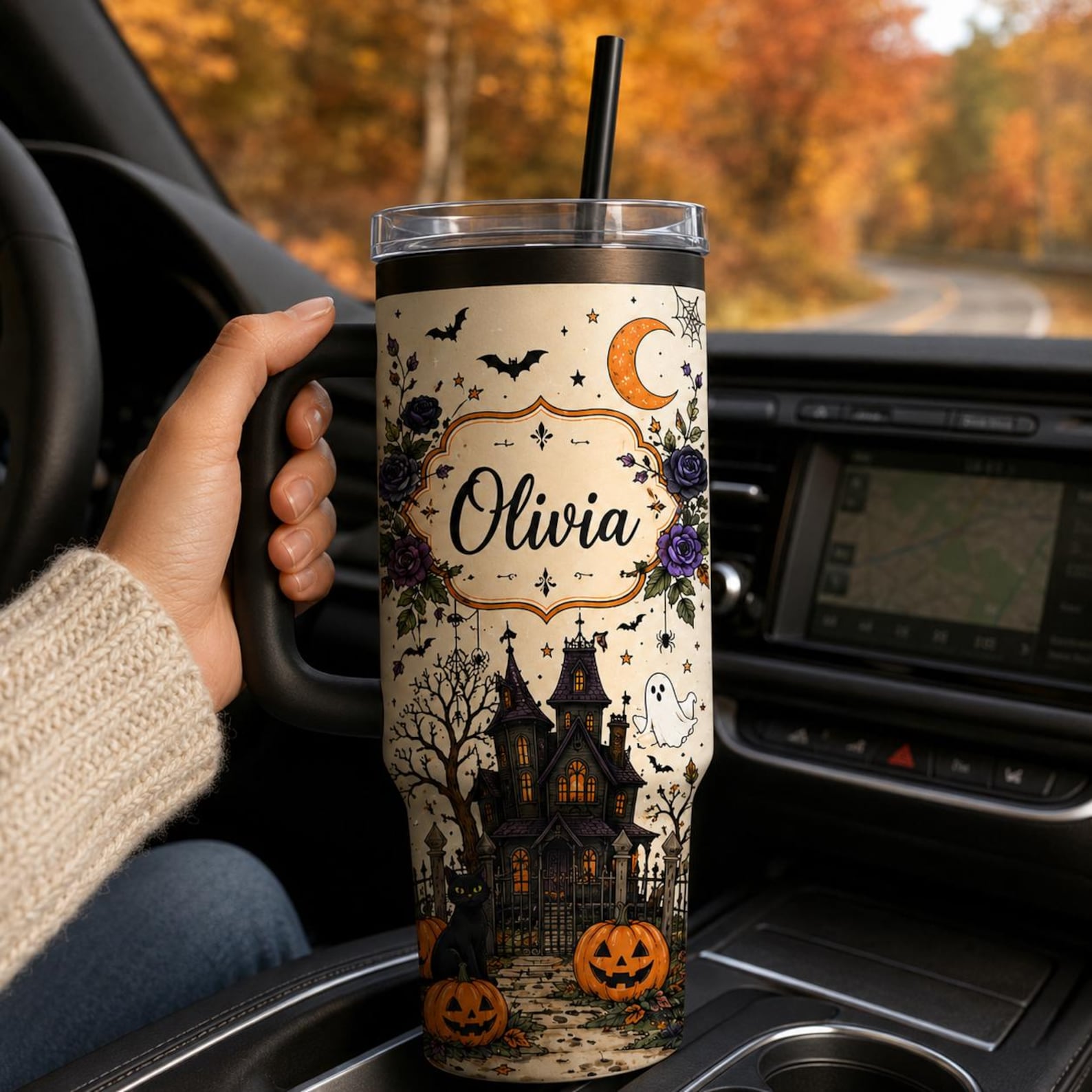 Personalized Halloween Tumbler, Spooky Haunted House Black Cat Travel Cup. TBLPETAL18